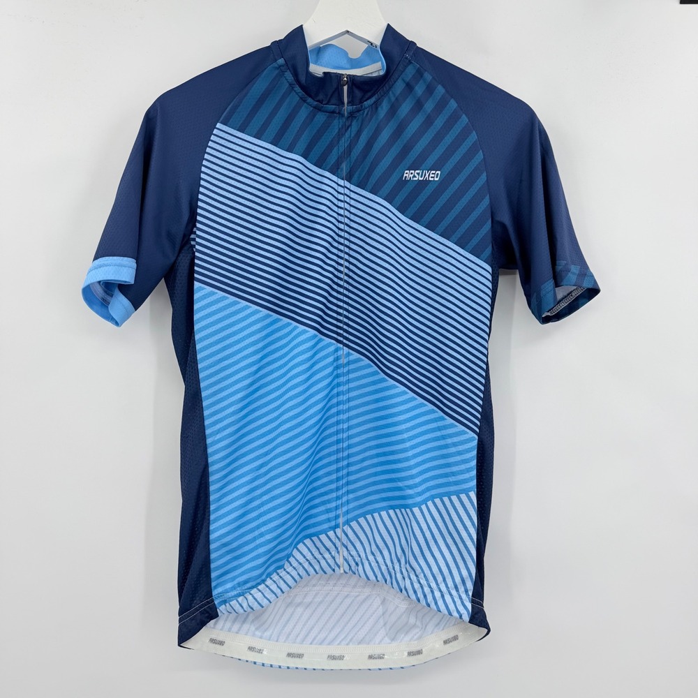 ARSUXEO Cycling Jersey Men Small Blue Striped Short Sleeve Full Zip Biking Top